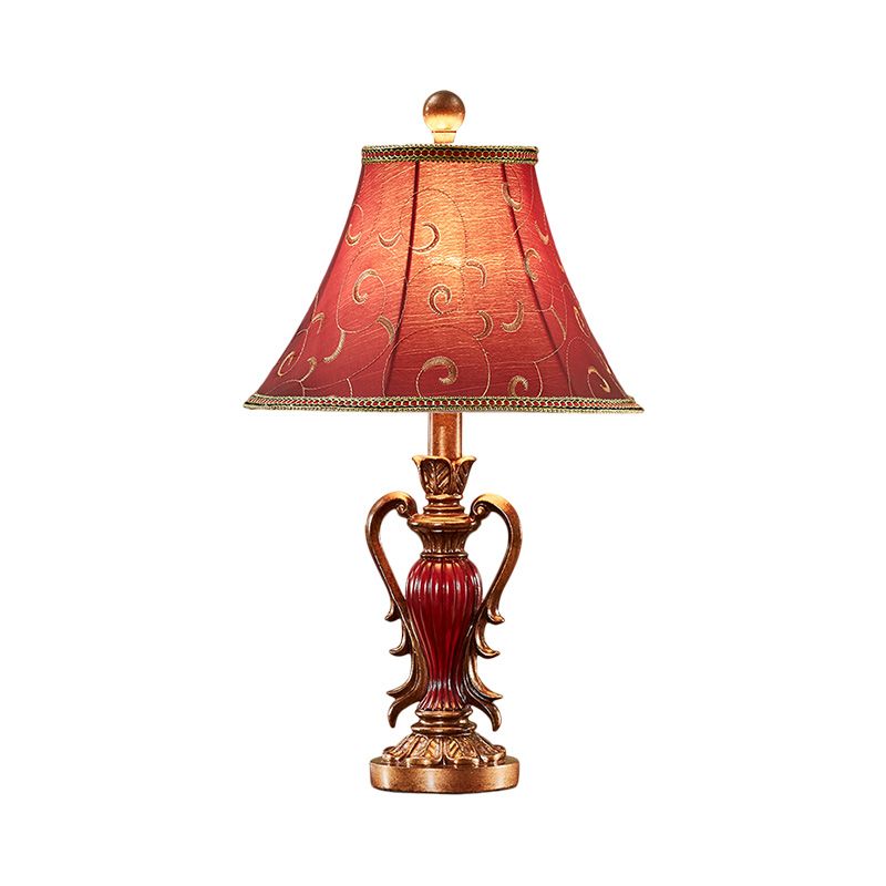 1-Light Desk Light Antique Style Bell Shade Fabric Night Table Lamp in Red/White for Bedside