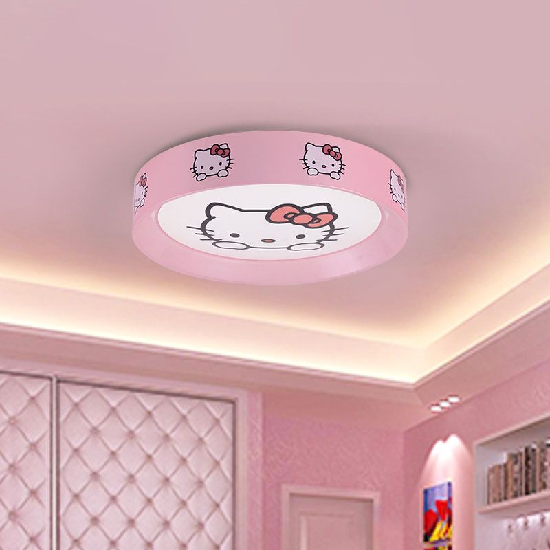 Round Nursery Flush Mount Light Metal LED Kids Flushmount Lighting in Pink with Cat Pattern, 16.5"/20.5" Wide