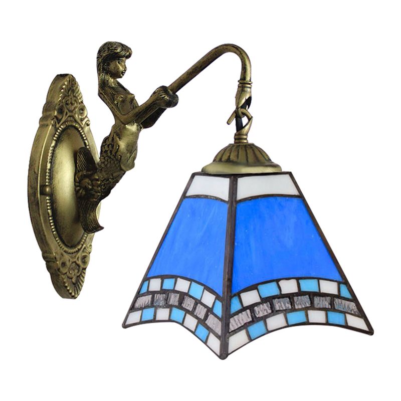 Mediterranean Pyramid Wall Light Fixture 1 Head Blue Glass Sconce Light with Mermaid Backplate