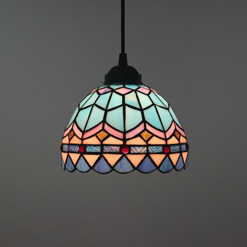 Lattice Bowl Pendulum Light Tiffany Stained Glass 1-Light Blue Suspension Lamp for Dining Room