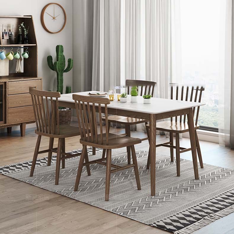 Solid Wood Frame Mid-Century Dining Table White Stone Top Table