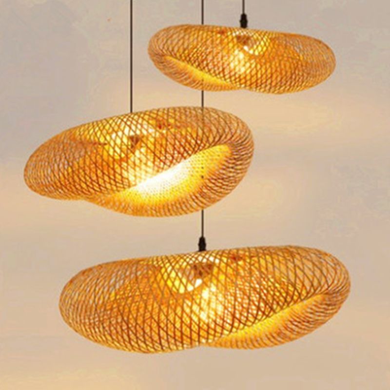 Straw Hat Shaped Bamboo Weaving Suspension Lamp Asian Style Single Bulb Hanging Light with 47" Adjustable Hanging Wire