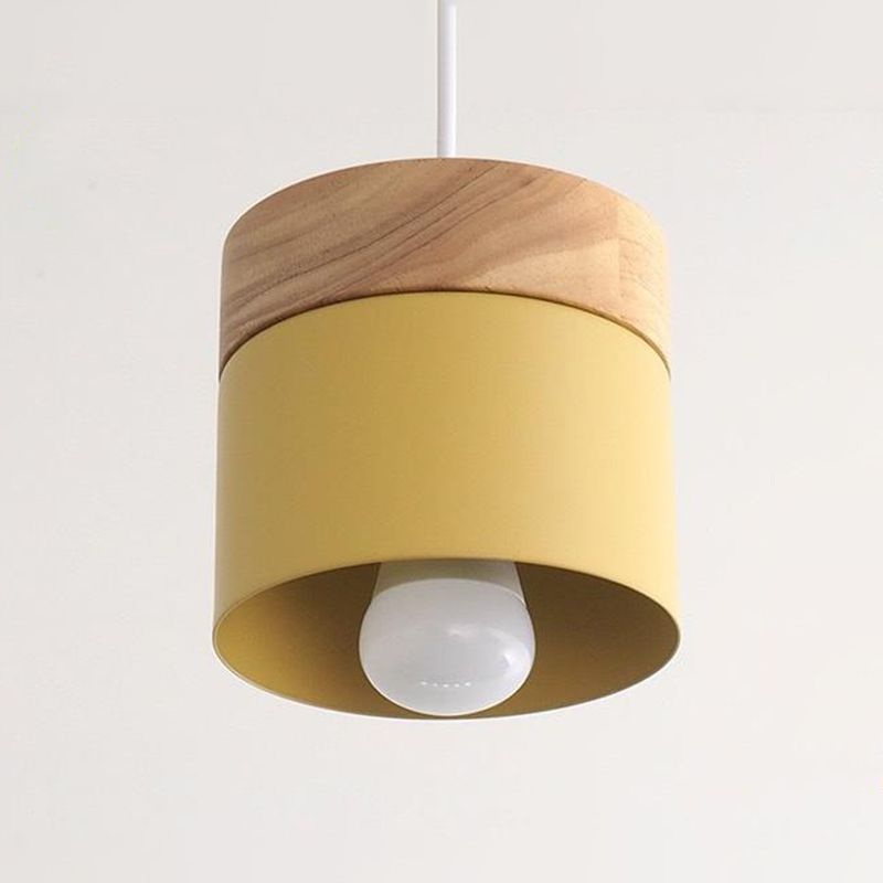 Metal Cylinder Pendant Lamp Simple 1-Bulb Down Lighting with Wood Top for Dining Room