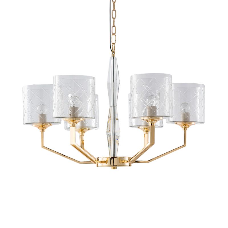 Clear Lattice Glass Pillar Chandelier Mid Century 6 Lights Gold Hanging Pendant for Bedroom