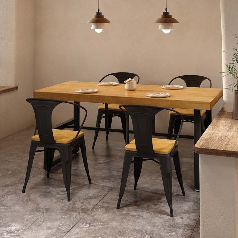 Natural Finish Table with Metal Frame Industrial Solid Wood Top Dining Table