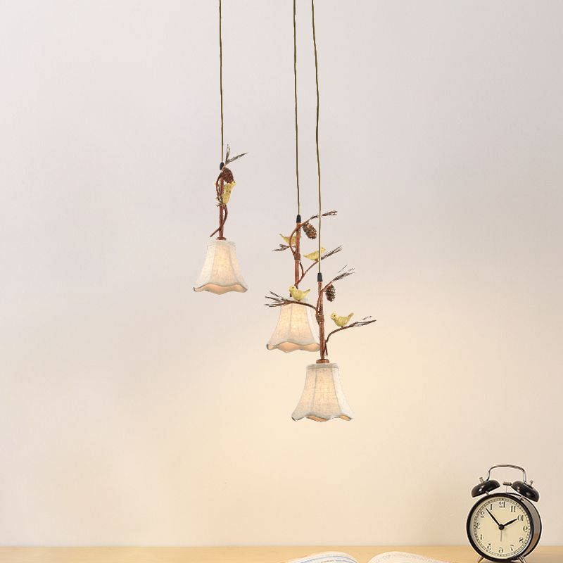 Flaxen 3/5 teste cluster a sospensione Light Country Fabric Sussion Lampada con uccello e Pinecone Deco