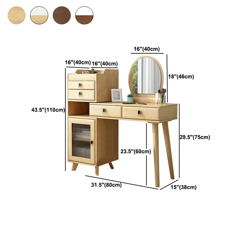Wood Vanity Set with Stool and Mirror Scandinavian 4 Drawers Dresser