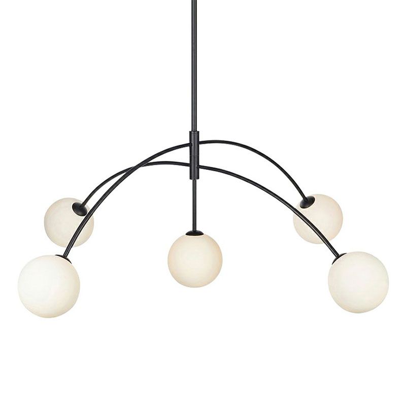 Black Arc Shaped Suspension Lamp Modern 5-Head Milky Ball Glass Chandelier for Dining Room