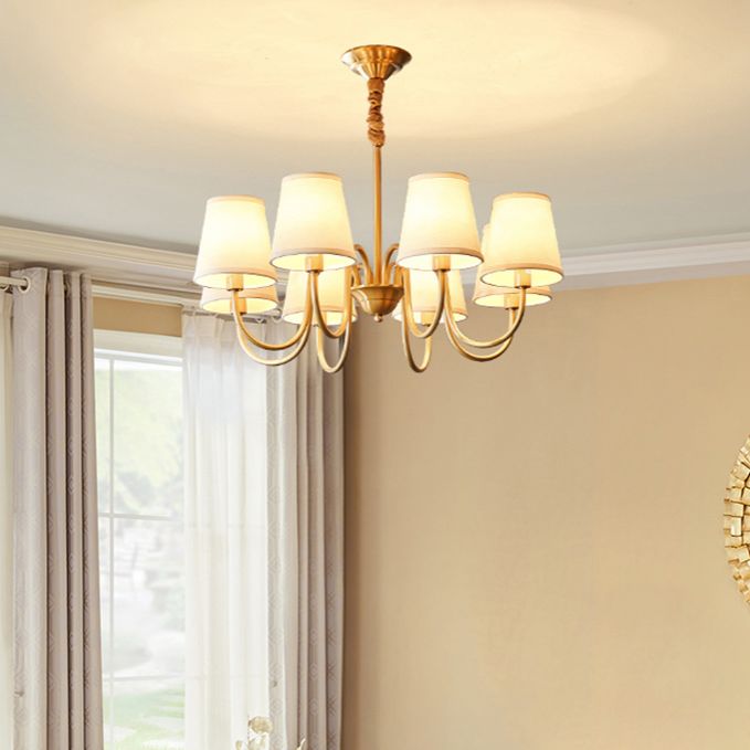 Brass Barrel Chandelier Light American Style Multi-Head Suspension Lamp with Fabric Shade