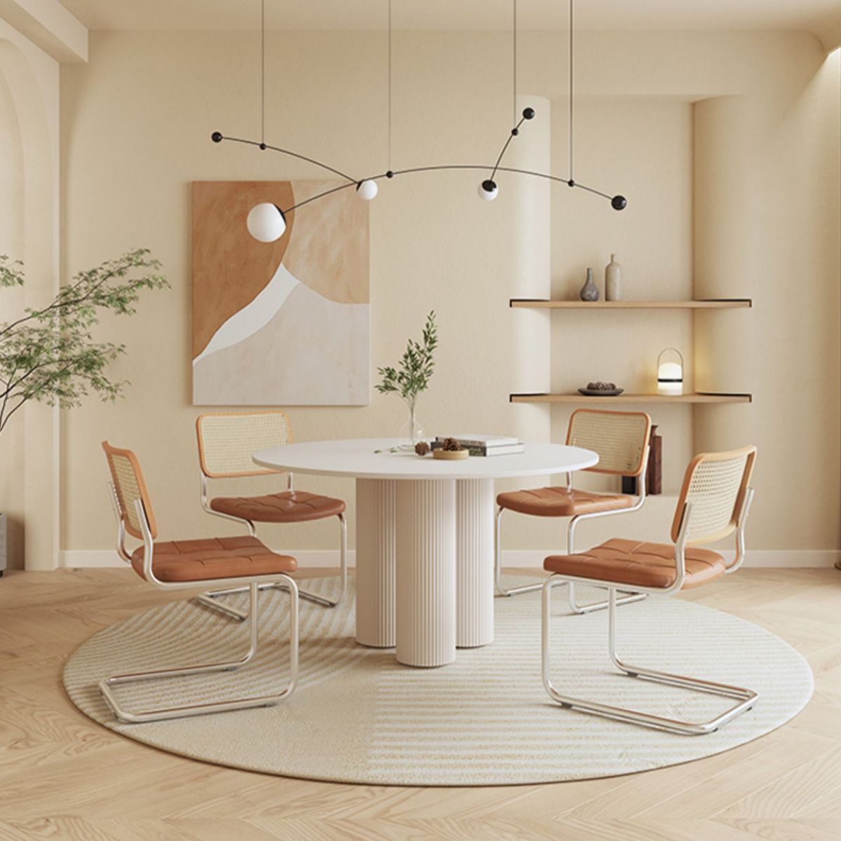 Contemporary Round Dining Table Sintered Stone and Solid Wood Top Table