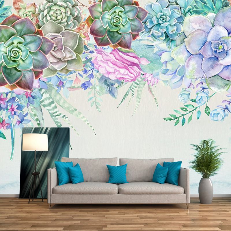 Succulent Plants Mural Wallpaper in Blue and Green, Contemporary Wall Art for Living Room