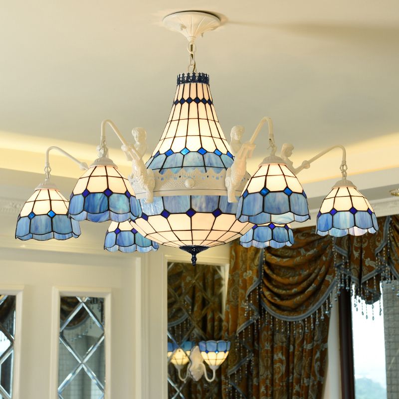 Stained Glass White Hanging Chandelier Grid Patterned 13 Lights Baroque Suspension Pendant