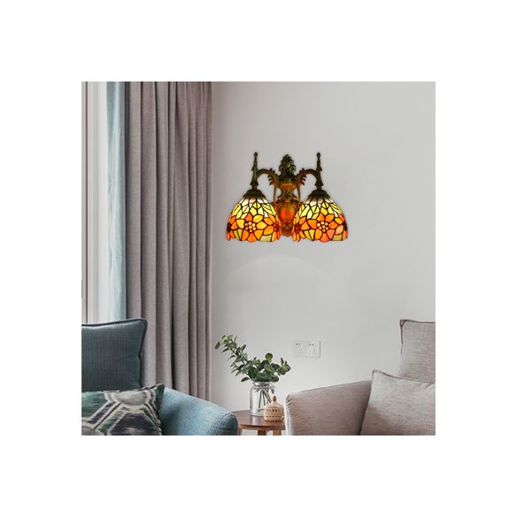 Rustic Bowl-Shaped Wall Lighting Stained Glass 2 Lights Wall Sconce Lighting with Sunflower Pattern in Orange