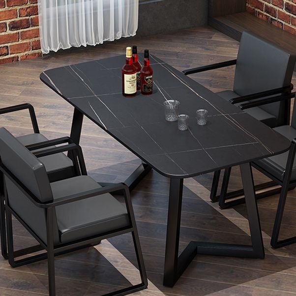 Sintered Stone Black Dining Table Industrial Rectangle Dining Table with Metal Base