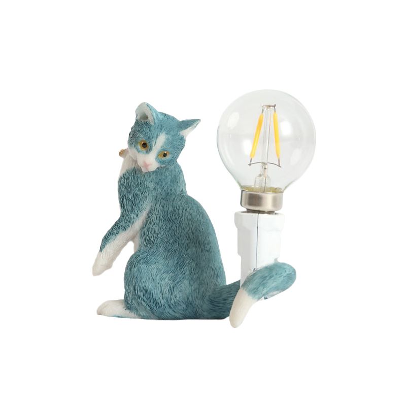 Tabby Cat Holder Table Lamp Kids Iron 1 Bulb Black/Yellow/Blue Nightstand Light with Bare Bulb Design