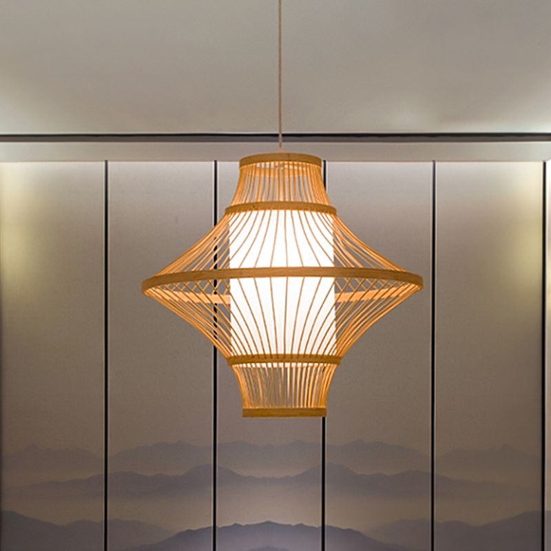 Flying Saucer Bamboo Ceiling Light Asia 1 Head Wood Suspended Lighting Fixture with Cylinder White Parchment Shade