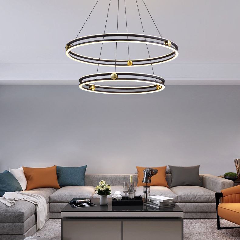 Hollow Ring Shape Hanging Chandelier Light Modern Multi Tiered Black Pendant Lamp with Frosted Silicone Shade