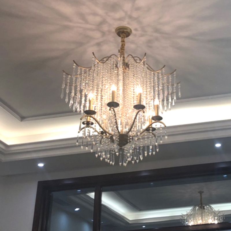 Candle Chandelier Light Fixture Traditional Gold Clear Crystal Tassel Hanging Light Fixture