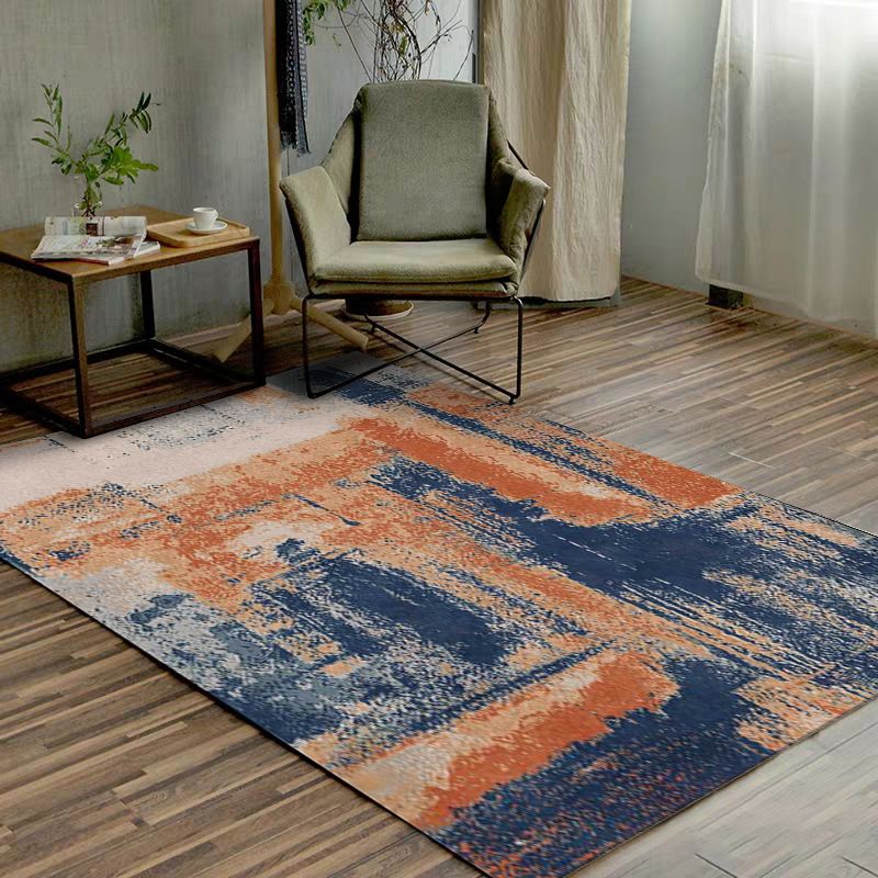 Industrial Abstract Rug Orange and Blue Polyester Rug Machine Washable Non-Slip Area Rug for Bedroom