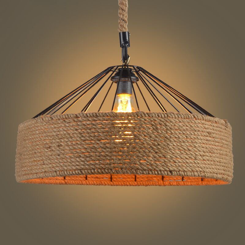 Drum Restaurant Pendant Light Antique Handmade Hemp Rope Single Flaxen Hanging Light Fixture
