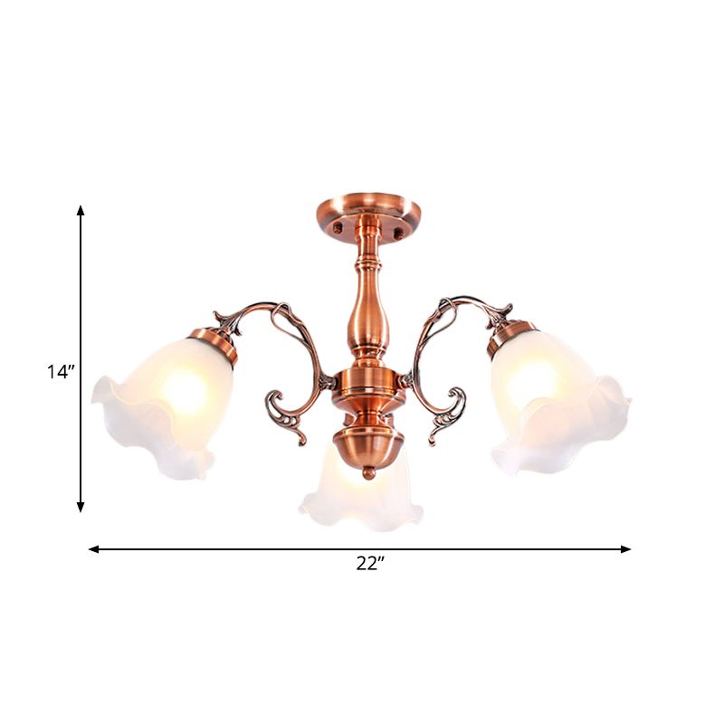 Copper 3/5/8 Lights Semi Flush Mount Lighting Country Cream Glass Flower Shape Flushmount Lamp
