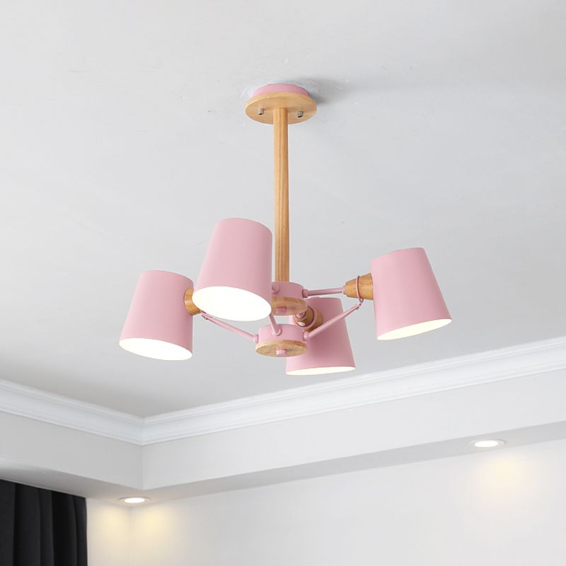 Pink/Yellow Barrel Semi Flush Lighting Macaron 4-Light Metal Flush Mounted Ceiling Lamp with Wood Rod