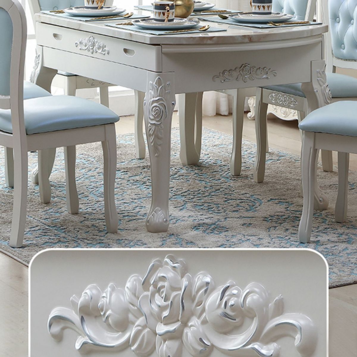 Glam Kitchen Table with Faux Marble Top Solid Wood Legs for Home