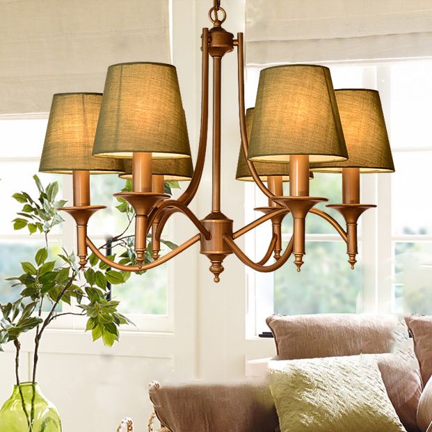 American Style Brass Chandelier Multi-Head Hanging Pendant Lights with Fabric Shade