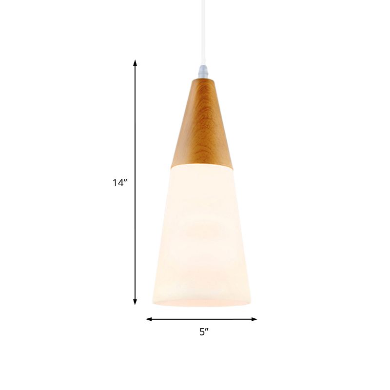 Cone Milk Glass Suspension Pendant Modern 1 Light 5"/7.5"/10.5" Wide Natural Wood Hanging Light Fixture