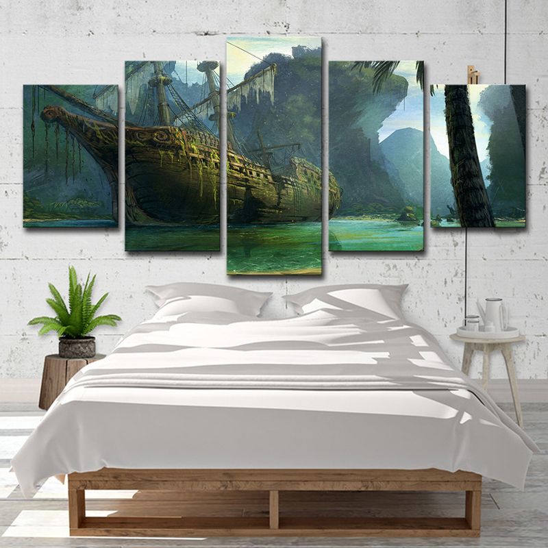 Green Shabby Sailboat Canvas Print Fantasy Kids Style Multi-Piece Wall Art for Home