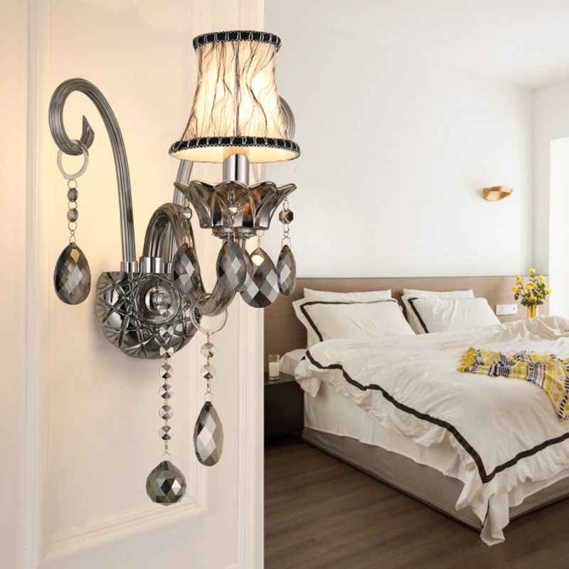 1/2-Head Fabric Wall Sconce Traditionalist Chrome Bell Bedroom Wall Mounted Light with Crystal Draping