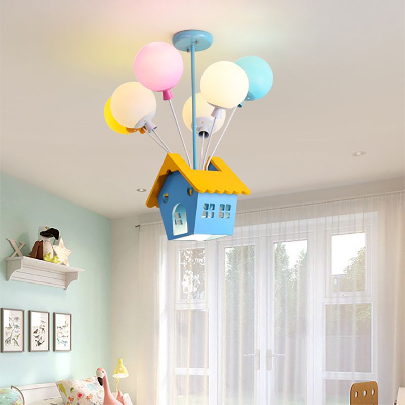 Wood House Pendant Light with Colorful Balloon 7 Heads Cartoon Chandelier in Blue for Child Room