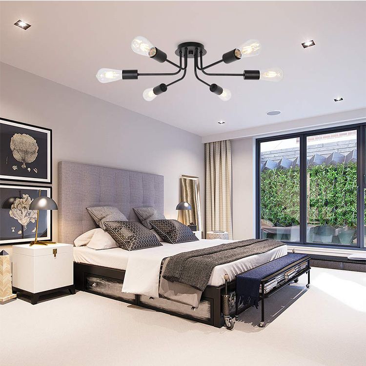 Multi Lights Satellite Shaped Ceiling Light Vintage Industrial Style Wrought Iron Ceiling Pendants Lamp in Black