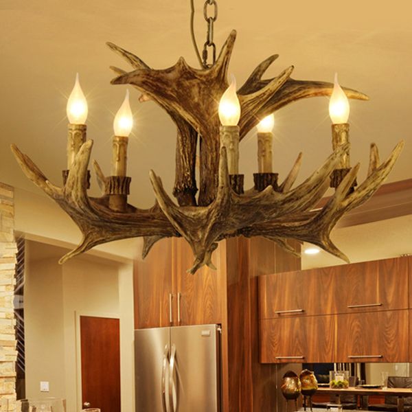 Rustic Faux Antler Ceiling Chandelier 5 Heads Resin Hanging Pendant Light in Brown for Living Room