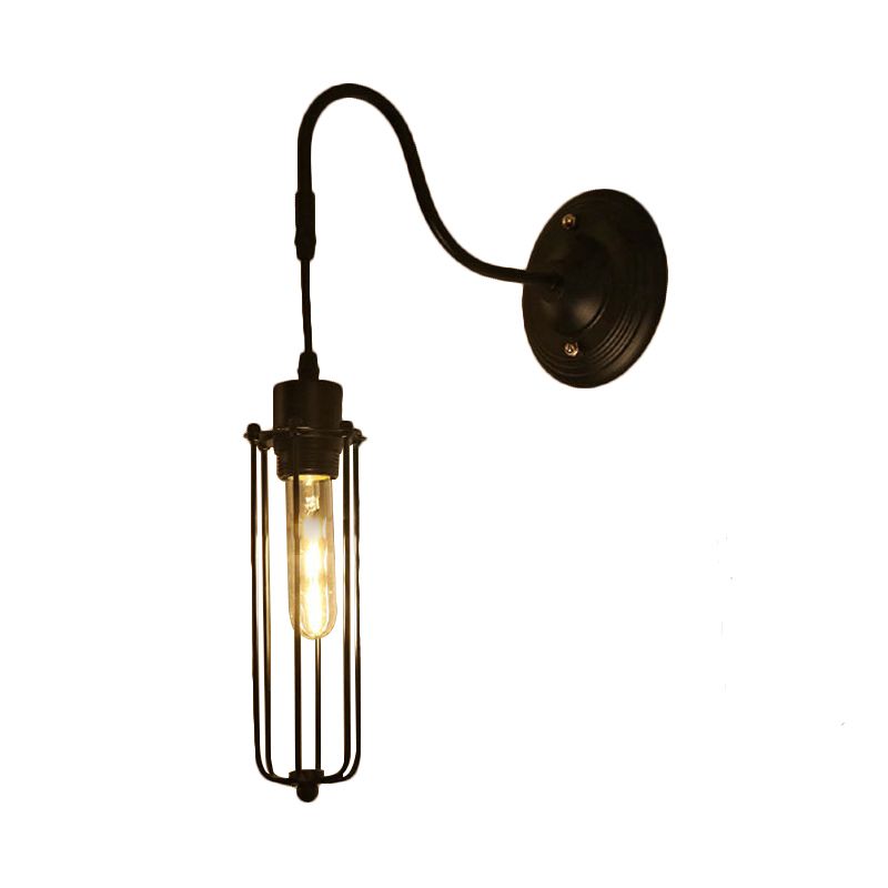 Metal Cylinder/Hexagon Caged Wall Hanging Light Farmhouse 1 Bulb Restaurant Wall Mount Fixture in Black