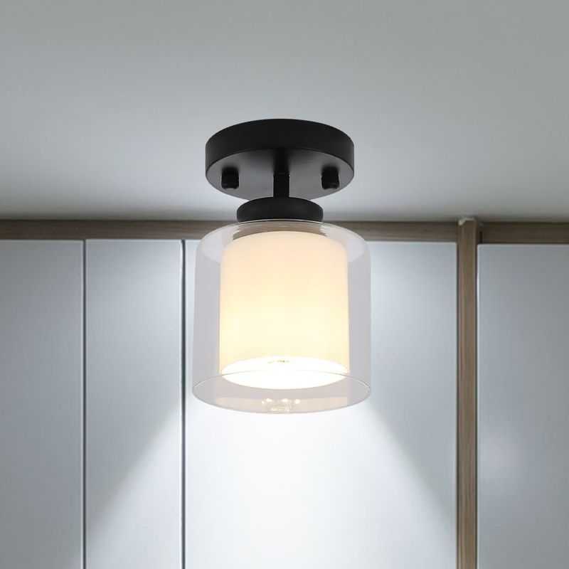 Black/Silver/Gold Finish Cylinder Semi Flush Ceiling Light with Glass Shade Contemporary 1 Bulb Semi Flush Light Fixture