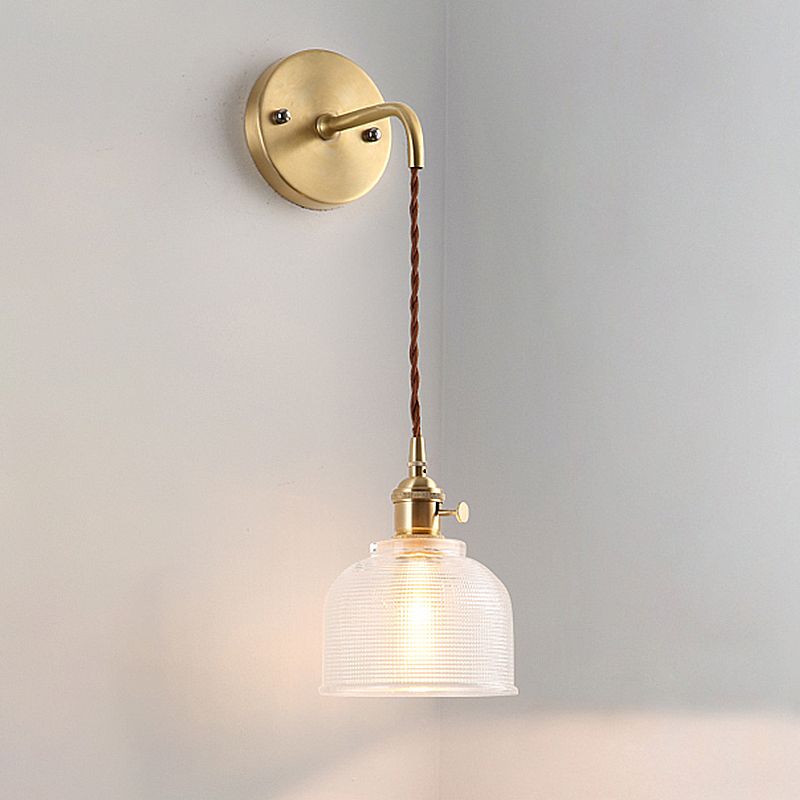 Brass One Light Sconce Light Industrial Clear Clear Textured Glass Dome Freet