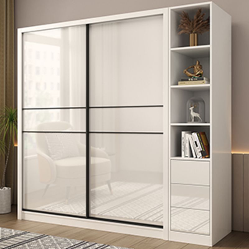 Sliding Door Wardrobe Closet White Wood Wardrobe Armoire with Shelves