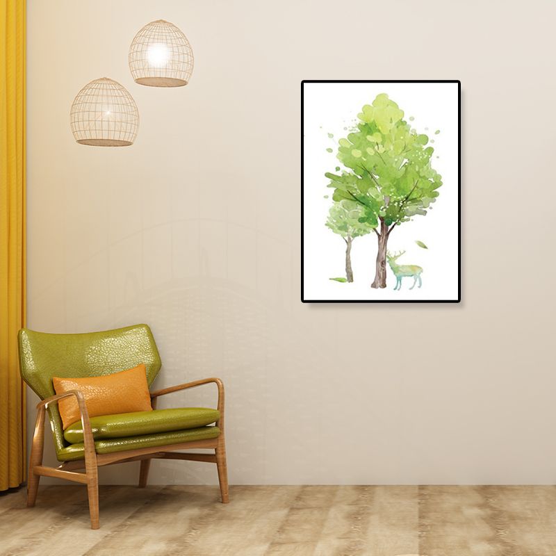 Deer Under the Trees Art Print Dining Room Animal Canvas in Green for Decoration