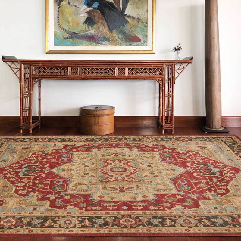Red Tone Ethnic Print Rug Polyester Moroccan Carpet Non-Slip Backing Indoor Rug for Living Room