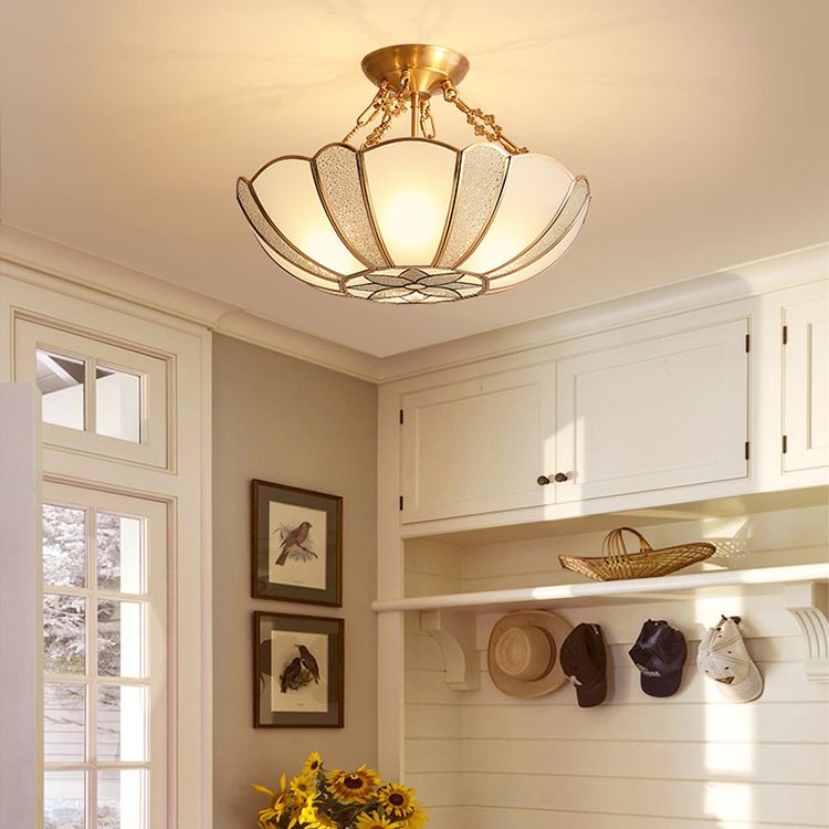 Textured Frosted Glass Scalloped Ceiling Lamp Vintage 4-Bulb Kitchen Semi Flush Mount Light in Brass