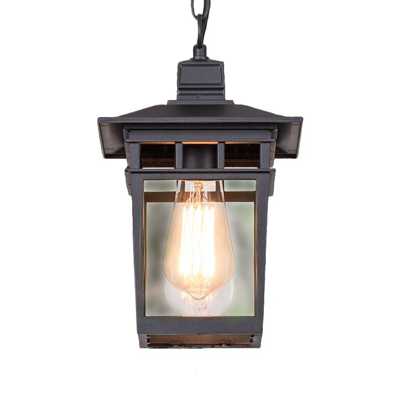 Industrial Lantern Hanging Lighting Metal and Clear Glass 1 Light Black/Bronze/Gold Outdoor Pendant Lamp for Porch