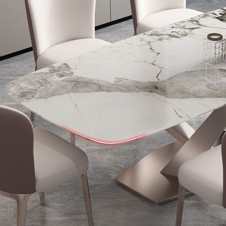 Minimalist Style Sintered Stone Dining Table with White Fixed Table and Trestle Base for Home Use
