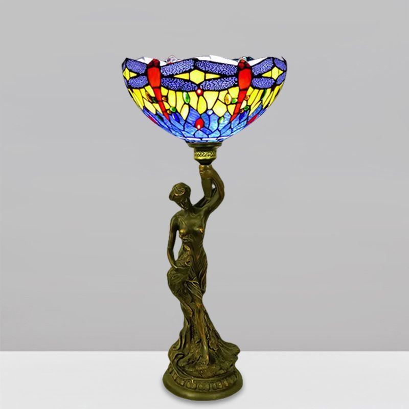Bowl Table Lighting 1 Head Stained Glass Baroque Petal/Dragonfly Patterned Night Lamp in Brass with Resin Naked Woman Base