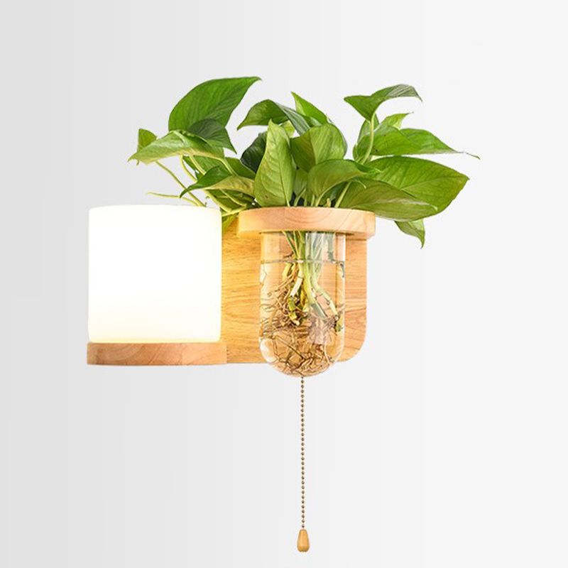 Modern Style Cylinder Shade Wall Light Wood 1 Light Sconces for Living Room without Plant