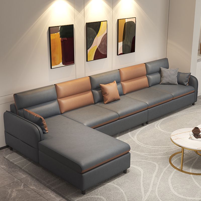 Stain Resistan Faux Leather Square Arm Sectional with Pillowed Back Cushions for Apartment