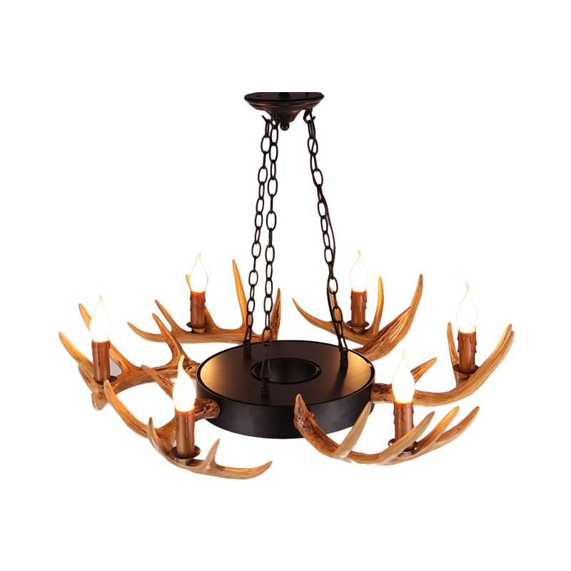 6 Lights Resin Chandelier Lamp Village Wood Candelabra Living Room Down Lighting Pendant