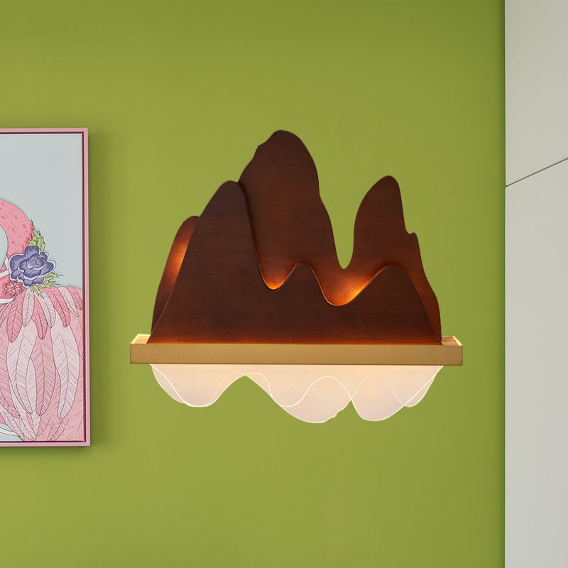 Mountains Bedside Wall Light Fixture Wooden 6-Bulb Asian Style Mural Lighting in Brown