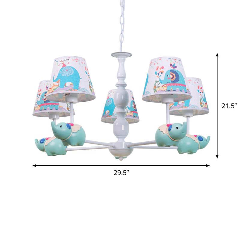 Resin Elephant Hanging Chandelier Cartoon 5/6 Heads Light Blue Ceiling Pendant Light with Barrel Patterned Fabric Shade