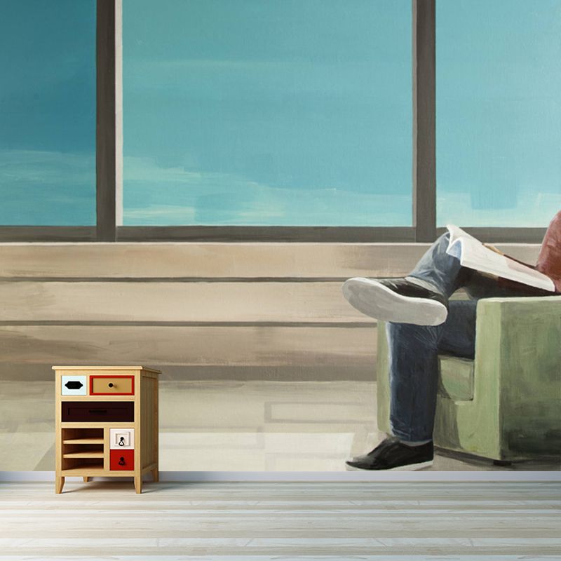 Artistic Reading Book Wall Mural Non-Woven Stain Resistant Blue-Brown Wall Covering for Home